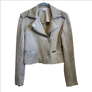 FAUX SUEDE TAN MOTO JACKET WITH SILVER ZIP DETAIL SIZE XS